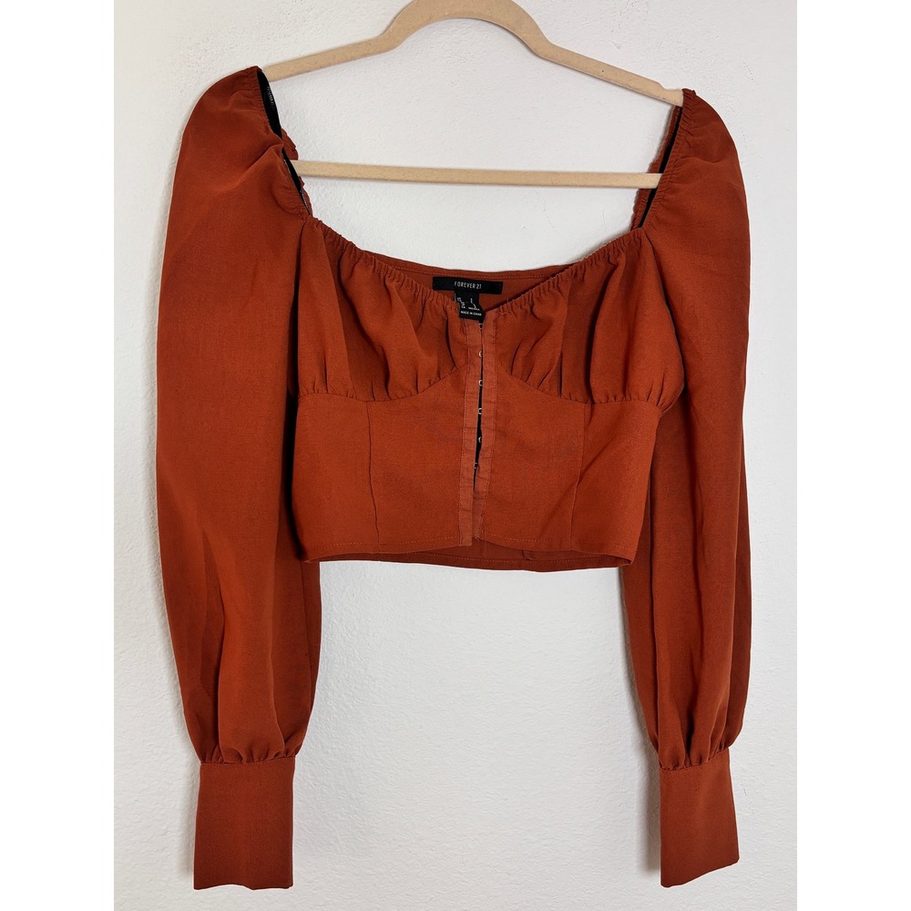 Forever 21 Rust Orange Puff Sleeve Hook & Eye Crop Top Milkmaid Small